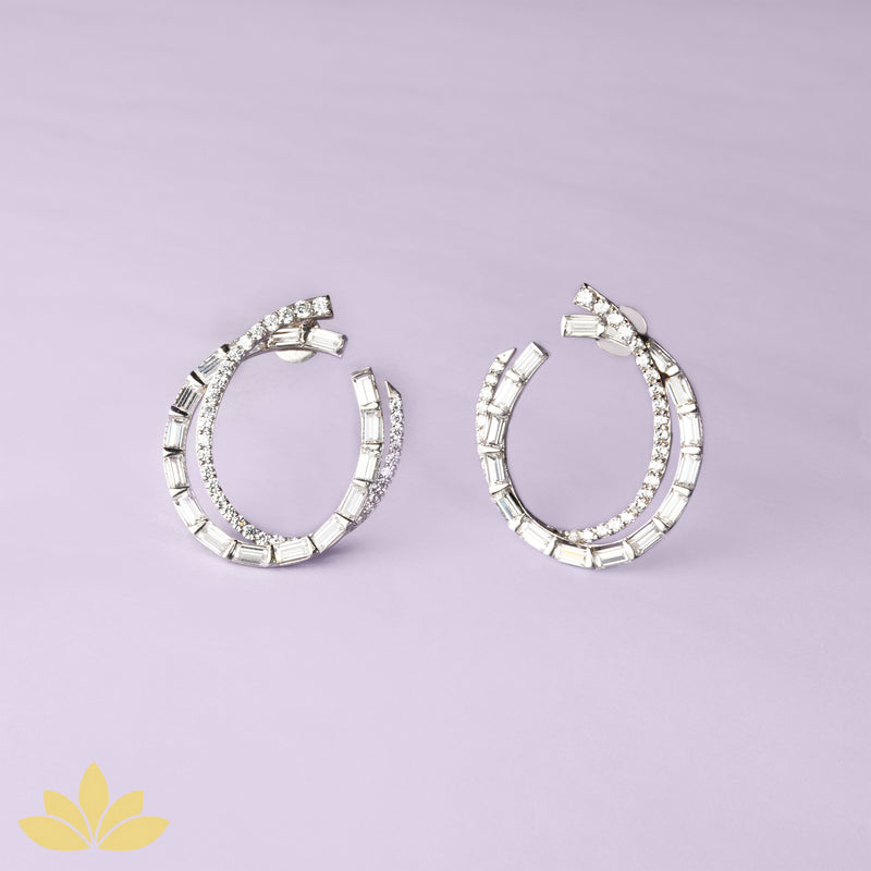 Emerald Cut and Circle Stone Overlapped Earrings